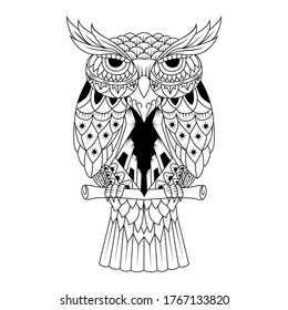 Vector hand drawn Owl zentangle sitting on branch