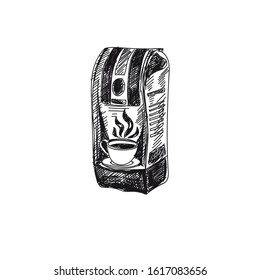 Vector hand drawn Pack of filter coffee Illustration. Detailed retro style image. Vintage sketch element for labels, packaging and cards design. Modern background.