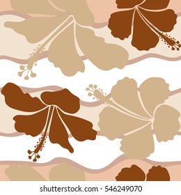 Vector hand drawn painting of beige and brown hibiscus flowers. Seamless pattern in beige and brown colors.