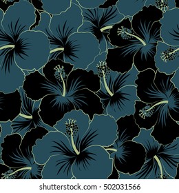 Vector hand drawn painting of black and blue hibiscus flowers. Seamless pattern in black and blue colors.