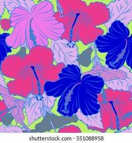 Vector hand drawn painting of blue and pink hibiscus flowers. Seamless pattern in blue and pink colors.