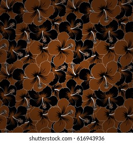 Vector hand drawn painting of brown and black hibiscus flowers. Seamless pattern in brown and black colors.