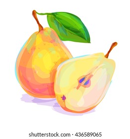 Vector hand drawn painting fruit. Pear on white background. This is illustration ideal for a mascot and T-shirt graphic. Stock illustration