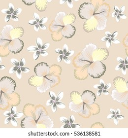 Vector hand drawn painting of gray, neutral and beige hibiscus flowers. Seamless pattern in gray, neutral and beige colors.
