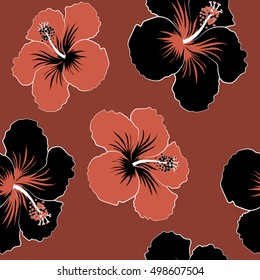 Vector hand drawn painting of hibiscus flowers, seamless pattern on brown and beige background.