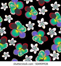 Vector hand drawn painting of hibiscus and plumeria flowers, seamless pattern on black background.