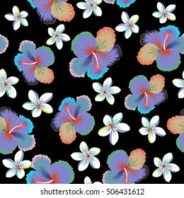 Vector hand drawn painting of hibiscus and plumeria flowers, seamless pattern on black background.