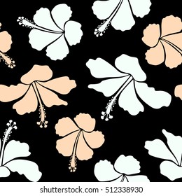 Vector hand drawn painting of hibiscus flowers in neutral colors. Seamless pattern on black background.