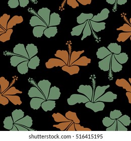 Vector hand drawn painting of hibiscus flowers in brown and green colors. Seamless pattern on black background.