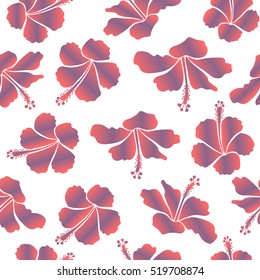 Vector hand drawn painting of hibiscus flowers in pink and purple colors. Seamless pattern on white background.