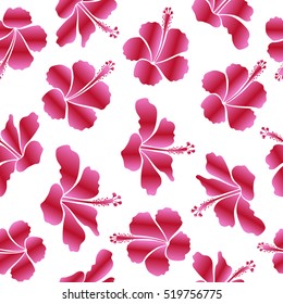 Vector hand drawn painting of hibiscus flowers in pink and red colors. Seamless pattern on white background.