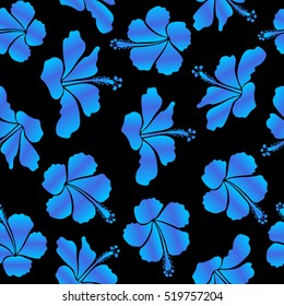 Vector hand drawn painting of hibiscus flowers in blue colors. Seamless pattern on black background.