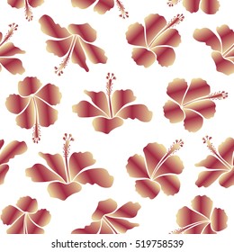Vector hand drawn painting of hibiscus flowers in red and beige colors. Seamless pattern on white background.