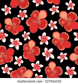 Vector hand drawn painting of hibiscus flowers in orange, brown and red colors. Seamless pattern on black background.