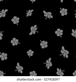 Vector hand drawn painting of hibiscus flowers in gray colors. Seamless pattern on black background.