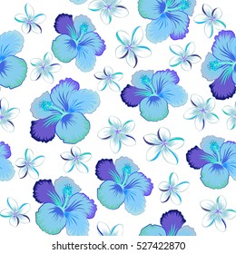 Vector hand drawn painting of hibiscus flowers in blue, neutral and violet colors. Seamless pattern on white background.