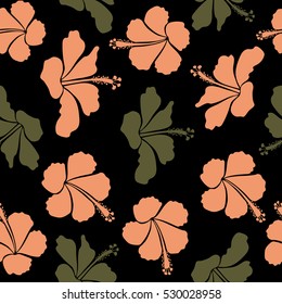 Vector hand drawn painting of hibiscus flowers in green and orange colors. On black background.