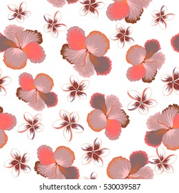 Vector hand drawn painting of hibiscus flowers in neutral, orange and pink colors. Seamless pattern on white background.