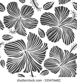 Vector hand drawn painting of hibiscus flowers in gray colors. Seamless pattern on white background.
