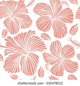 Vector hand drawn painting of hibiscus flowers in neutral colors. Seamless pattern on white background.