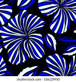 Vector hand drawn painting of hibiscus flowers in neutral and blue colors. Seamless pattern on black background.