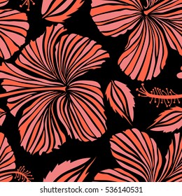 Vector hand drawn painting of hibiscus flowers in orange and pink colors. Seamless pattern on black background.