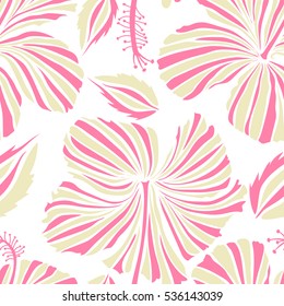 Vector hand drawn painting of hibiscus flowers in white and beige colors. Seamless pattern on white background.