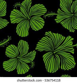 Vector hand drawn painting of hibiscus flowers in green colors. Seamless pattern on black background.