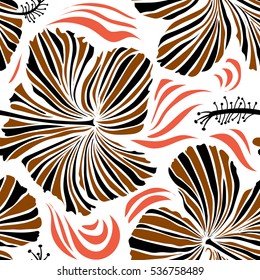 Vector hand drawn painting of hibiscus flowers in black and brown colors. Seamless pattern on white background.