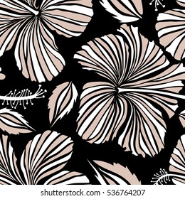 Vector hand drawn painting of hibiscus flowers in white and beige colors. Seamless pattern on black background.
