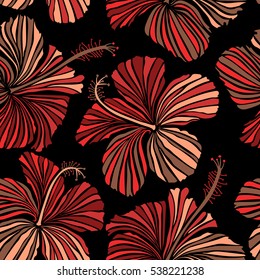 Vector hand drawn painting of hibiscus flowers in brown, red and orange colors. Seamless pattern on black background.