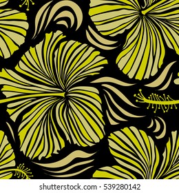 Vector hand drawn painting of hibiscus flowers in neutral and yellow colors. Seamless pattern on black background.