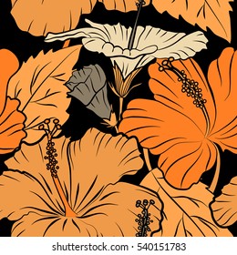 Vector hand drawn painting of hibiscus flowers in beige and orange colors. On black background.