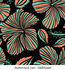 Vector hand drawn painting of hibiscus flowers in green and orange colors. Seamless pattern on black background.