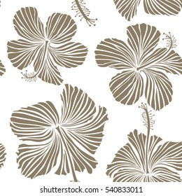 Vector hand drawn painting of hibiscus flowers in beige colors. Seamless pattern on white background.