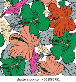 Vector hand drawn painting of hibiscus flowers in orange and pink colors. Seamless pattern on white background.