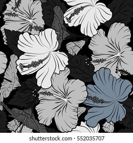 Vector hand drawn painting of hibiscus flowers in gray colors. On black background.