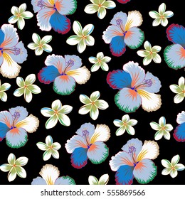 Vector hand drawn painting of hibiscus flowers in neutral, green and blue colors. Seamless pattern on black background.