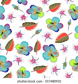 Vector hand drawn painting of hibiscus flowers in blue and green colors. On white background.