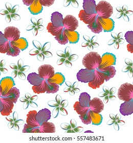 Vector hand drawn painting of hibiscus flowers in blue, red and pink colors. Seamless pattern on white background.