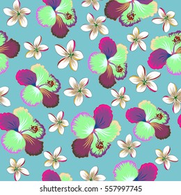 Vector hand drawn painting of hibiscus flowers, seamless pattern on blue background.