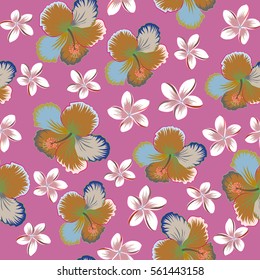 Vector hand drawn painting of hibiscus flowers, seamless pattern on pink background.