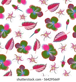 Vector hand drawn painting of hibiscus flowers in green and blue colors. Seamless pattern on white background.