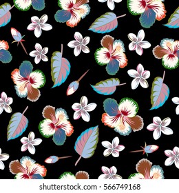 Vector hand drawn painting of hibiscus flowers in pink and blue colors. Seamless pattern on black background.