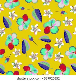 Vector hand drawn painting of hibiscus flowers, on yellow background.
