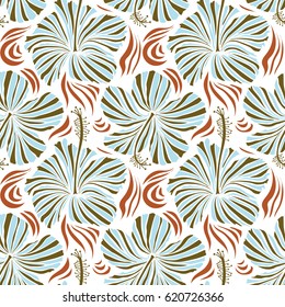 Vector hand drawn painting of hibiscus flowers in brown and orange colors. Seamless pattern on white background.