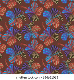 Vector hand drawn painting of hibiscus flowers, on brown background.