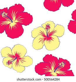 Vector hand drawn painting of magenta and yellow hibiscus flowers, seamless pattern on white background.