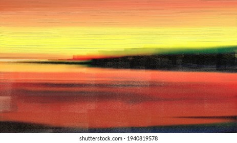 Vector hand drawn painting. Modern art. Abstract seascape. Freehand drawing art background. Painting on canvas. Contemporary colorful canvas. Colored texture. Spots of paint. Brush strokes of paint.