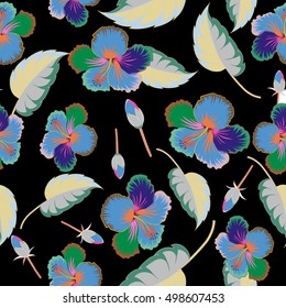 Vector hand drawn painting of multicolor hibiscus flowers, seamless pattern on black background.